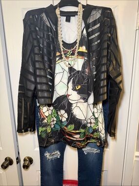 Cat Print Wearable Art Tank Top 2X Stained Glass Tuxedo Cat Tunic